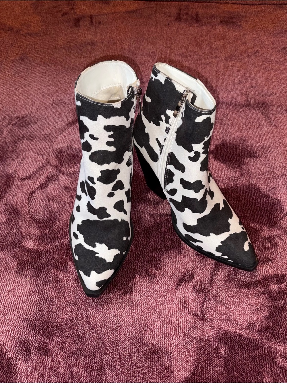 BAMBOO Black & White Cow Print Pointed Ankle Boots